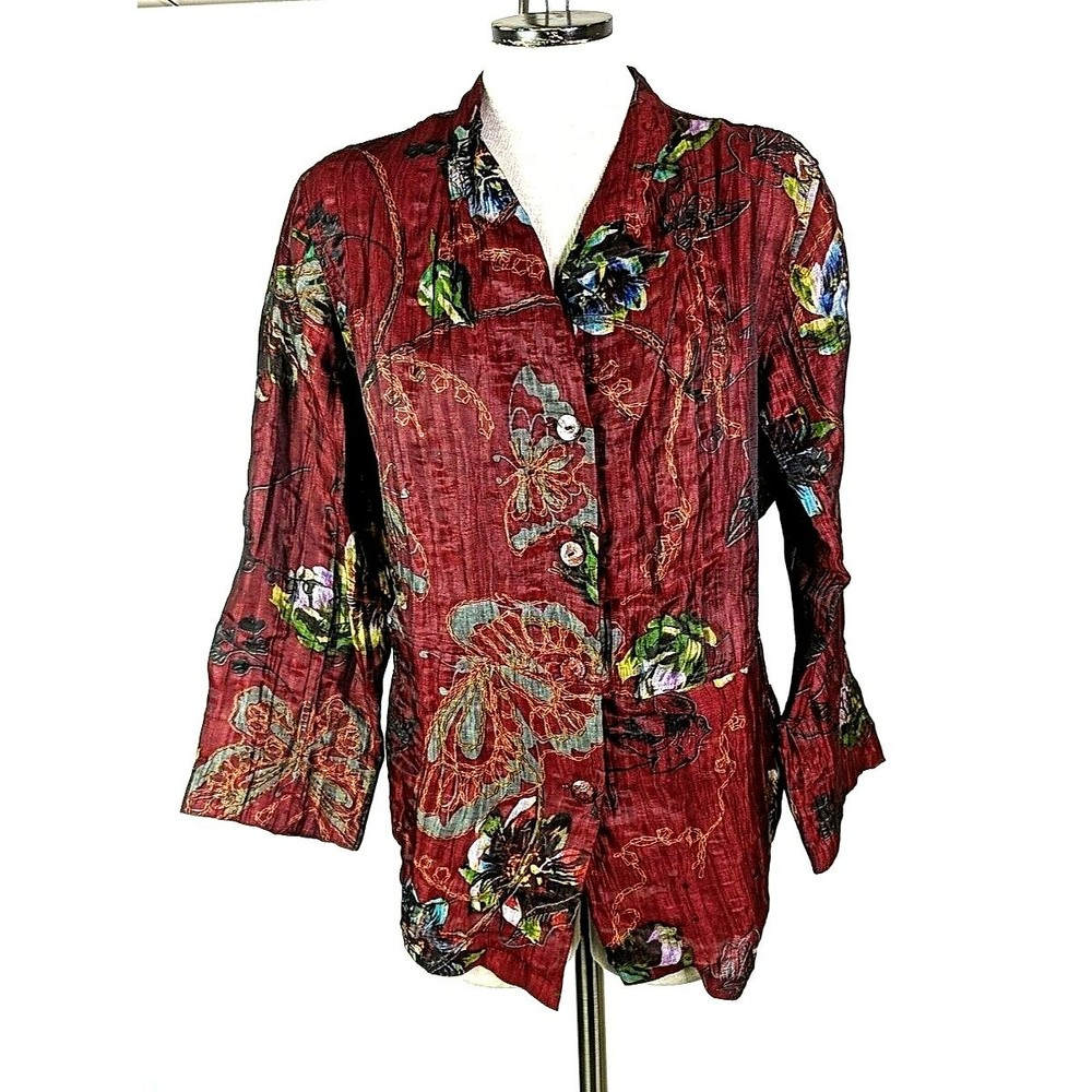 Citron Santa Monica Crinkle Linen Top Jacket Red Butterfly Women Size 1X Floral